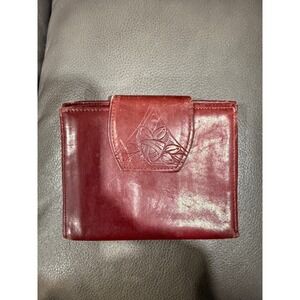 Rolfs‎ Burgundy Leather Embossed Rose Clutch Wallet Coin Purse